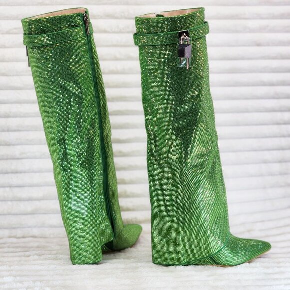 Super Sparkle Sharky Green Rhinestone Skirted Fold Over Wedge Heel Knee Boots - Picture 4 of 14